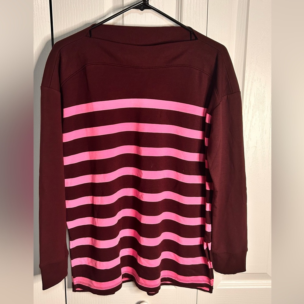 Lou & Grey Women’s Maroon Long-Sleeve Pink Stripes‎ Signaturesoft Sweater Small
